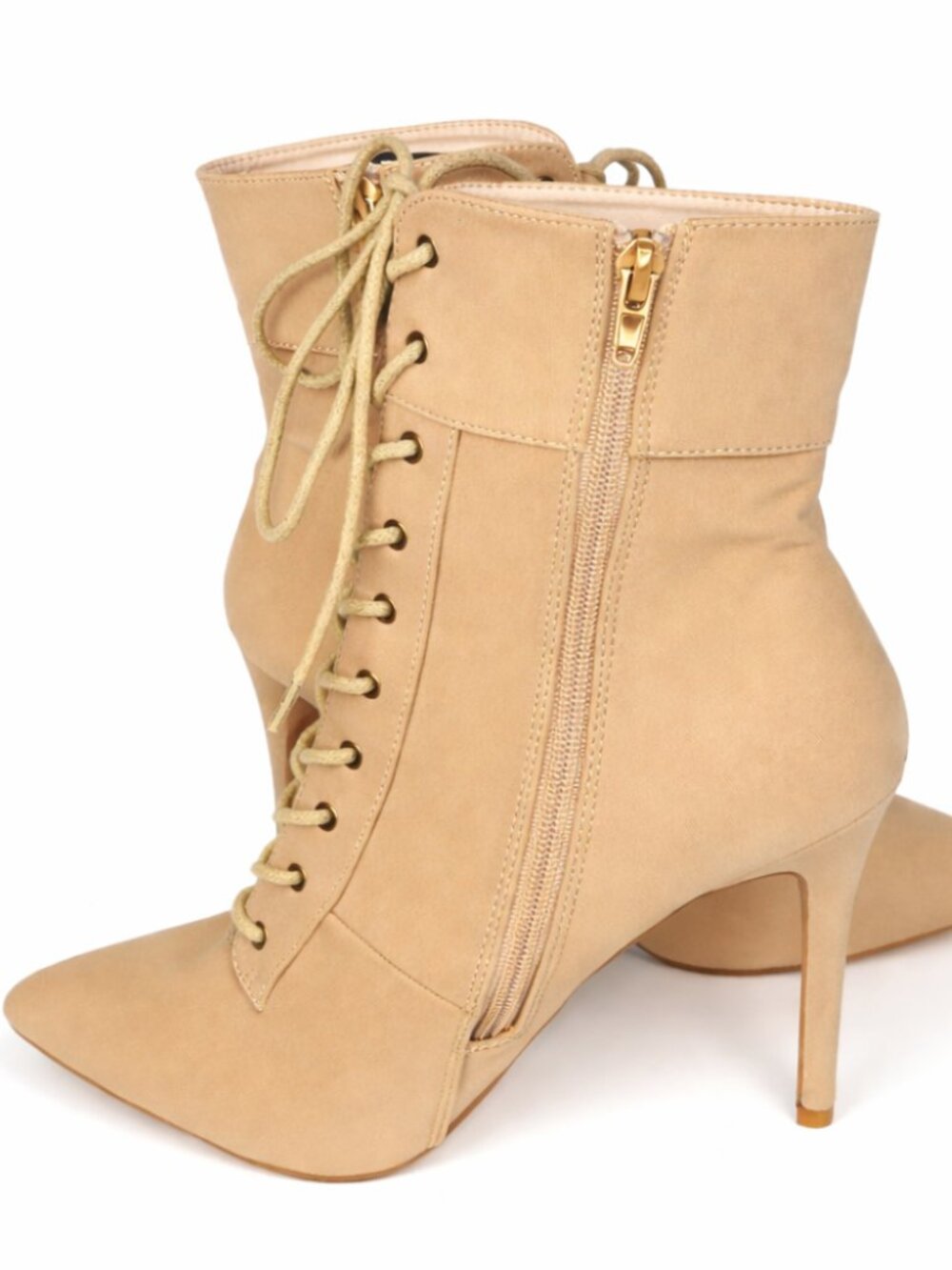 NEW Akira Beige Lace-Up Pointed Toe Ankle Booties Stiletto Heel Zip-Size 10